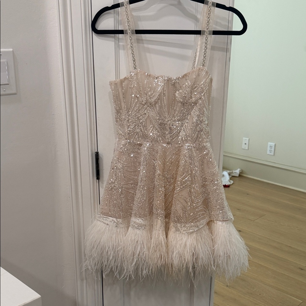 Bronx and Banco Cream Mini Dress with Feather Detail